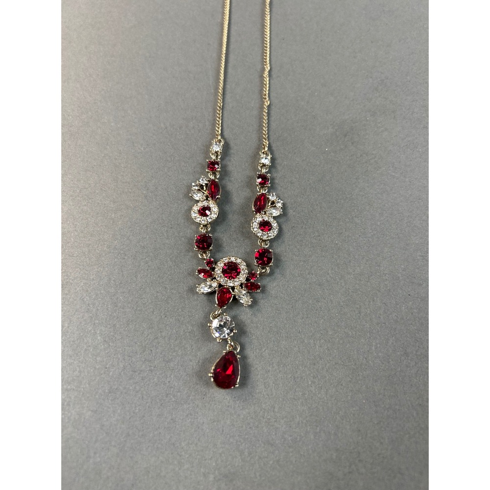 Givenchy Gold Tone Ruby Red Crystal Floral Drop Pendant Necklace Vintage Style